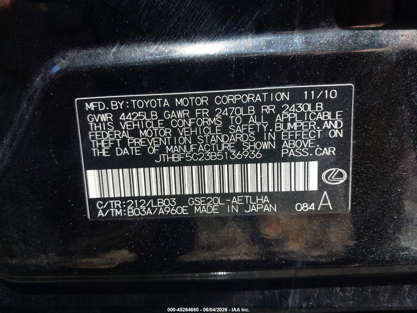 2011 Lexus Is VIN JTHBF5C23B5136936 IAAI salvage auction — FRONT END, Salvage (New Jersey), sold $925 on 2026-09-07 (photo 9)