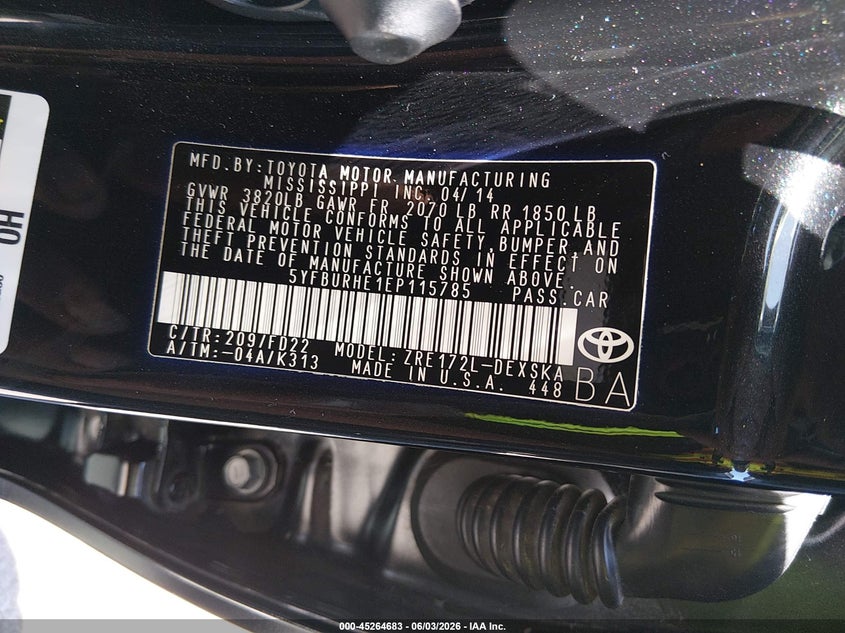2014 Toyota Corolla VIN 5YFBURHE1EP115785 IAAI salvage auction — HAIL, Salvage Title, sold $3,250 on 2026-07-14 (photo 9)