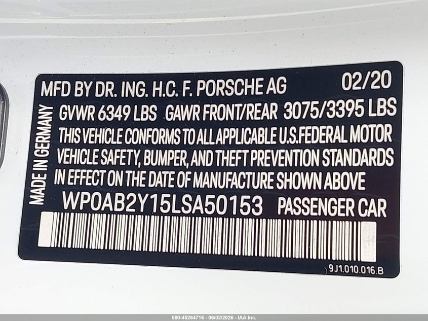 2020 Porsche Taycan VIN WP0AB2Y15LSA50153 IAAI salvage auction — SIDE, Salvage Title, sold $21,900 on 2026-08-09 (photo 9)