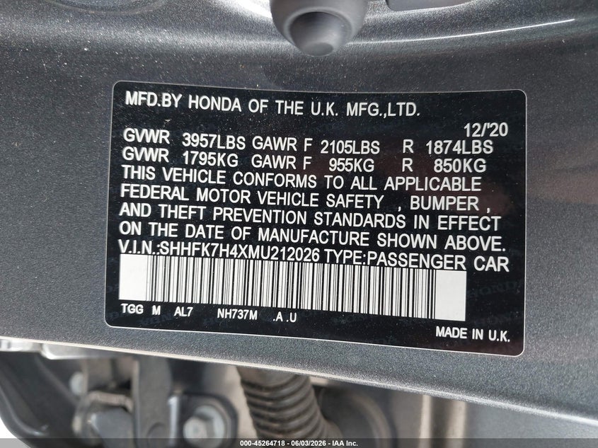 2021 Honda Civic VIN SHHFK7H4XMU212026 IAAI salvage auction — FRONT END, Salvage Title, sold $4,400 on 2026-07-14 (photo 9)