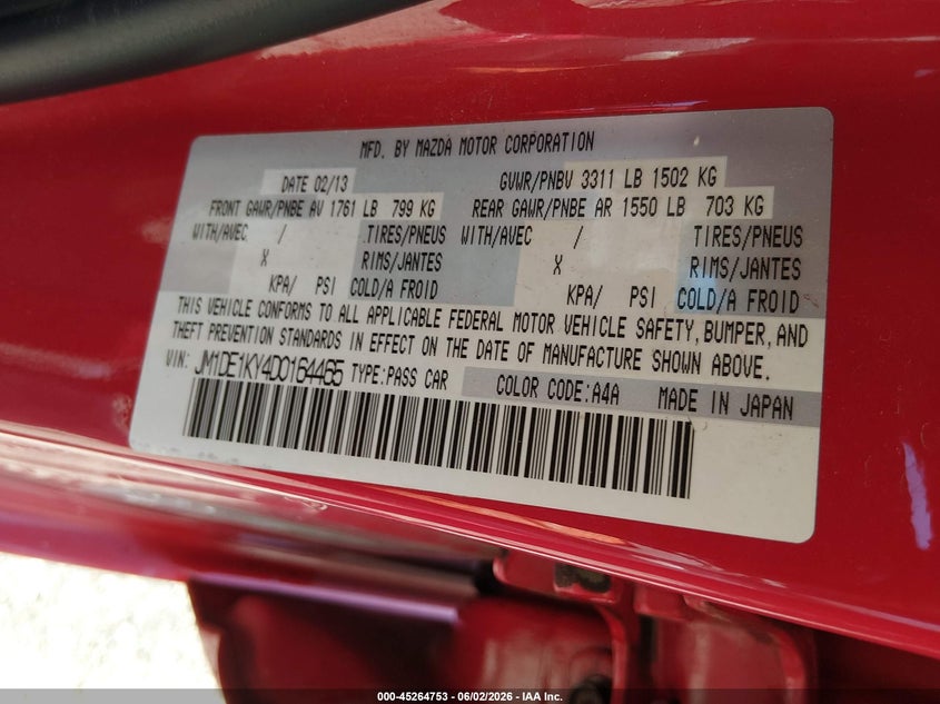 2013 Mazda 2 VIN JM1DE1KY4D0164465 IAAI salvage auction — FRONT END, Salvage Title, sold $375 on 2026-07-15 (photo 9)