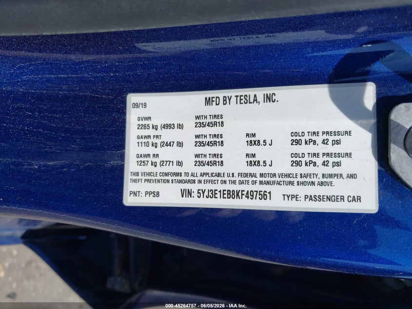 2019 Tesla Model 3 VIN 5YJ3E1EB8KF497561 IAAI salvage auction — REAR END, Salvage Title, sold $4,050 on 2026-07-16 (photo 9)