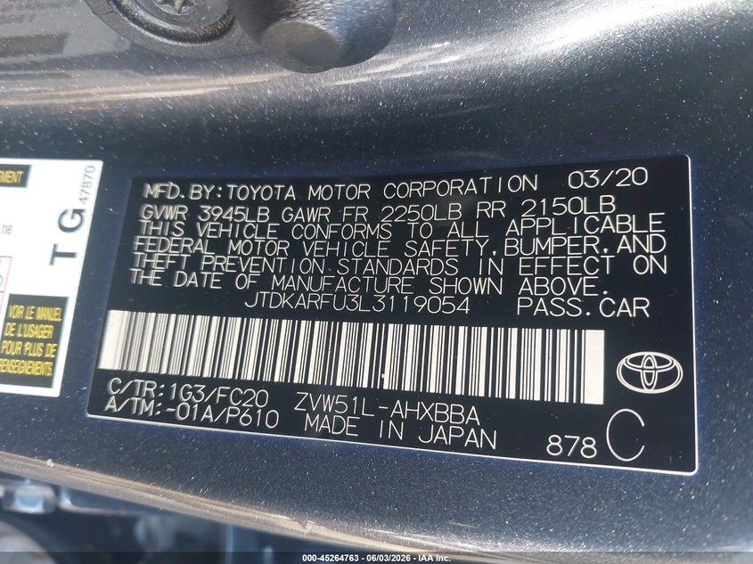 2020 Toyota Prius VIN JTDKARFU3L3119054 IAAI salvage auction — SIDE, Salvage Title, sold $1,800 on 2026-07-16 (photo 9)