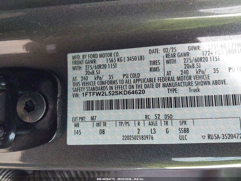 2025 Ford F-150 VIN 1FTFW2L52SKD64620 IAAI salvage auction — UNDERCARRIAGE, Salvage Title, sold $19,800 on 2026-08-01 (photo 9)
