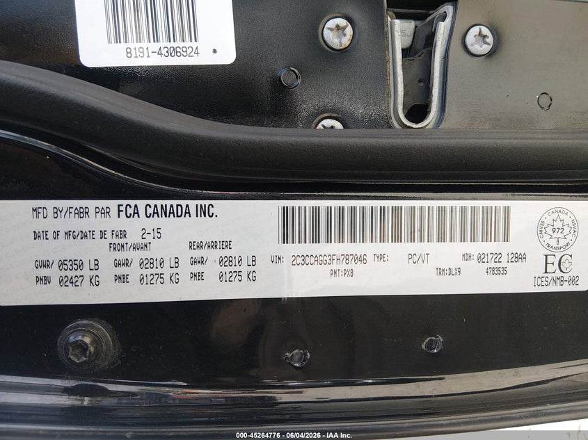 2015 Chrysler 300 VIN 2C3CCAGG3FH787046 IAAI salvage auction — REAR END, Salvage Title, sold $2,650 on 2026-08-01 (photo 9)