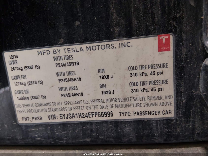 2014 Tesla Model s VIN 5YJSA1H24EFP65996 IAAI salvage auction — SIDE, Salvage Title, sold $6,025 on 2026-07-31 (photo 9)
