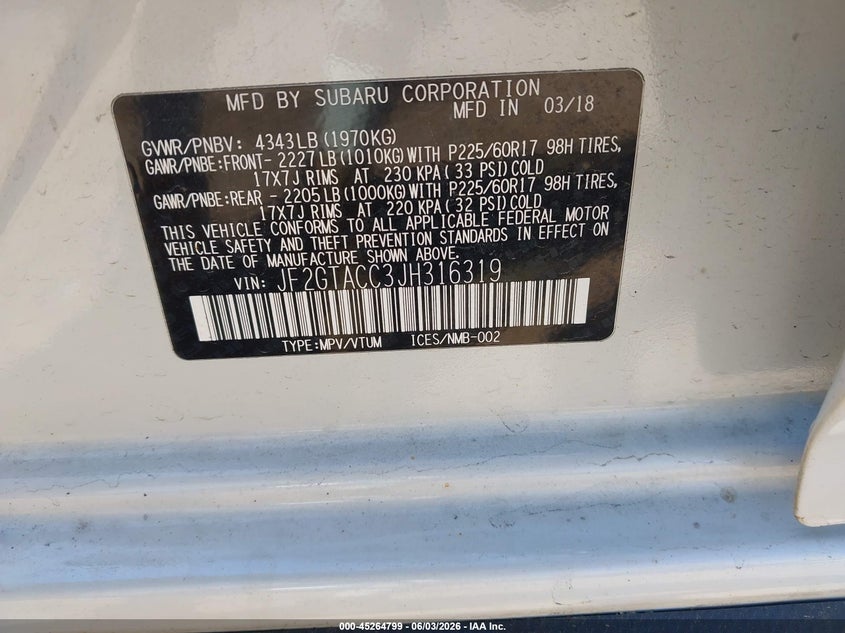 2018 Subaru Xv VIN JF2GTACC3JH316319 IAAI salvage auction — FRONT END, Mv-907A (New York), sold $1,950 on 2026-07-28 (photo 9)