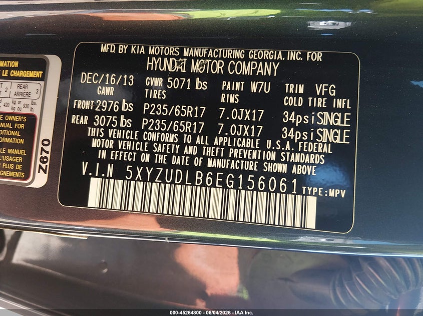 2014 Hyundai Santa fe VIN 5XYZUDLB6EG156061 IAAI salvage auction — LEFT SIDE, Salvage (North Carolina), sold $1,900 on 2026-07-27 (photo 9)