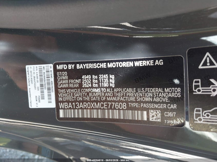 2021 BMW 4er VIN WBA13AR0XMCE77608 IAAI salvage auction — FRONT END, Salvage Title, sold $16,200 on 2026-07-29 (photo 9)