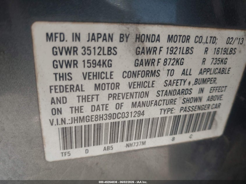 2013 Honda Fit VIN JHMGE8H39DC031294 IAAI salvage auction — FRONT END, Salvage Title, sold $400 on 2026-08-02 (photo 9)