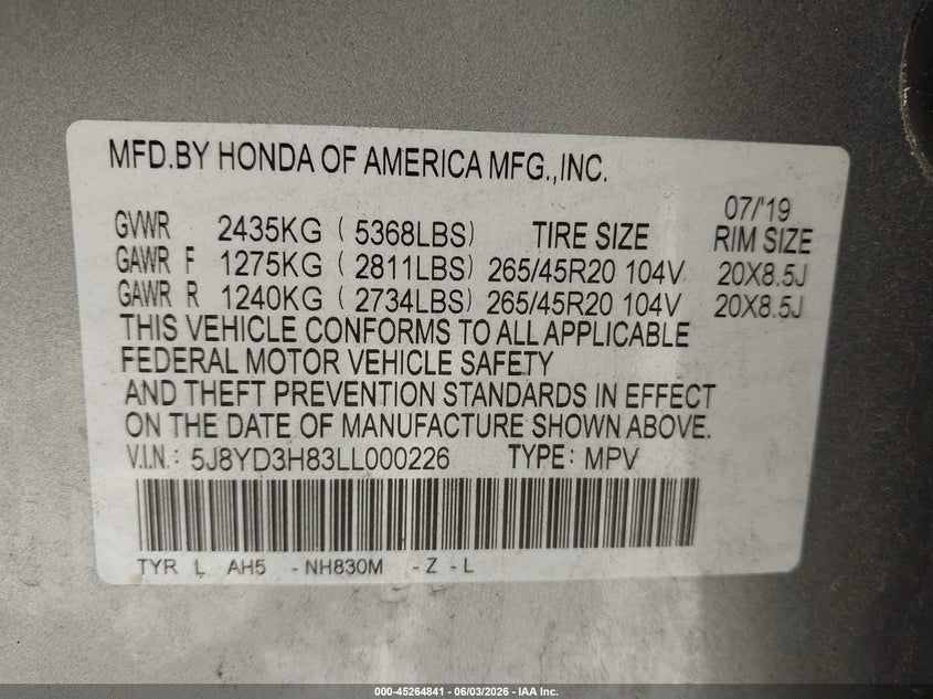 2020 Acura Mdx VIN 5J8YD3H83LL000226 IAAI salvage auction — SIDE, Salvage Title, sold $8,225 on 2026-07-09 (photo 9)