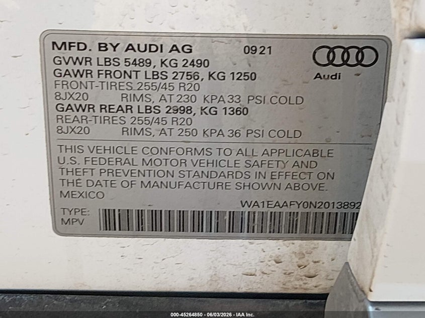 2022 Audi Q5 VIN WA1EAAFY0N2013892 IAAI salvage auction — FRONT END, Salvage Title, sold $15,400 on 2026-07-14 (photo 9)