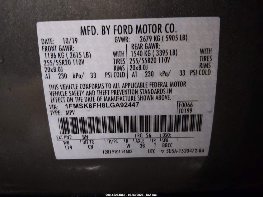 2020 Ford Explorer VIN 1FMSK8FH8LGA92447 IAAI salvage auction — FRONT END, Salvage Title, sold $4,900 on 2026-07-24 (photo 9)