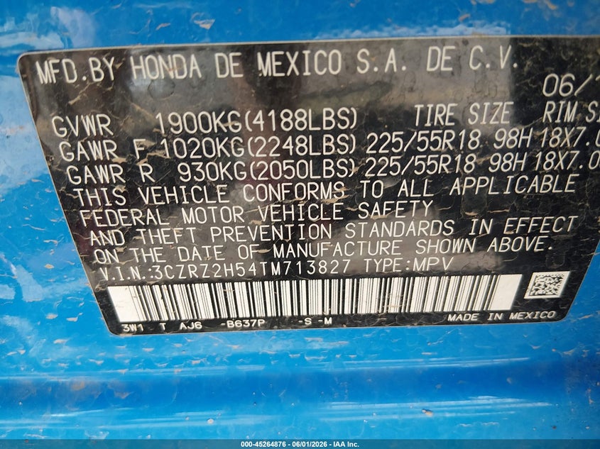 2026 Honda Hr-v VIN 3CZRZ2H54TM713827 IAAI salvage auction — FRONT END, Salvage Title, sold $4,150 on 2026-07-31 (photo 9)