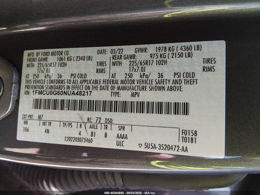 2022 Ford Escape VIN 1FMCU0G60NUA48217 IAAI salvage auction — FRONT END, Salvage Title, sold $1,100 on 2026-07-18 (photo 9)
