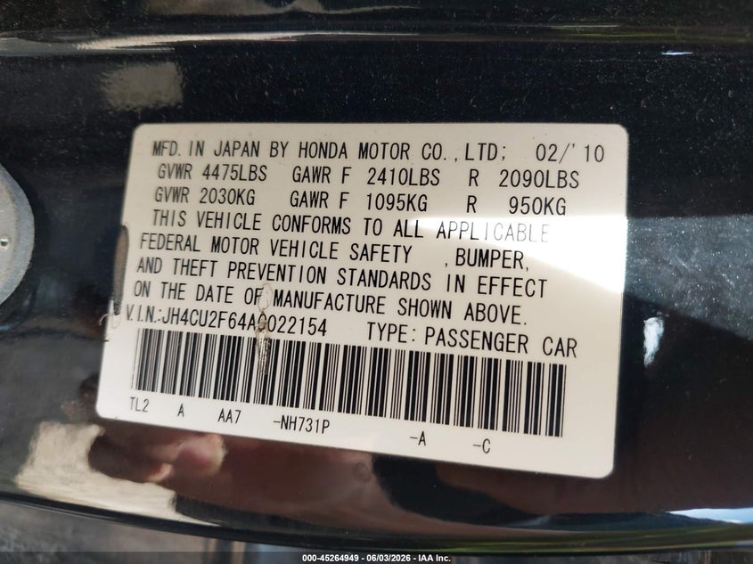 2010 Acura Tsx VIN JH4CU2F64AC022154 IAAI salvage auction — FRONT END, Clear (Indiana), sold $350 on 2026-07-22 (photo 9)