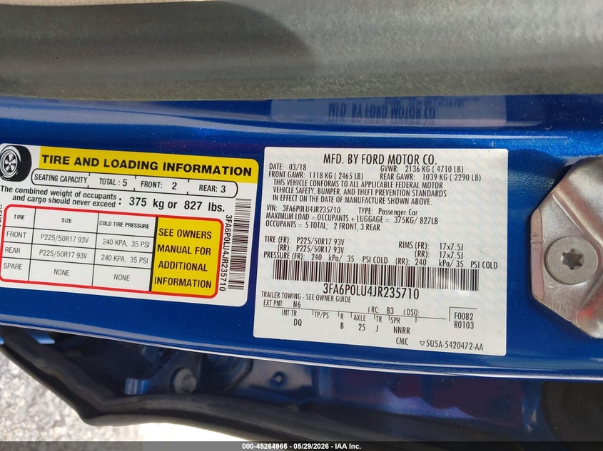 2018 Ford Fusion VIN 3FA6P0LU4JR235710 IAAI salvage auction — NORMAL WEAR, Sf97 (Florida), sold $9,100 on 2026-07-16 (photo 9)