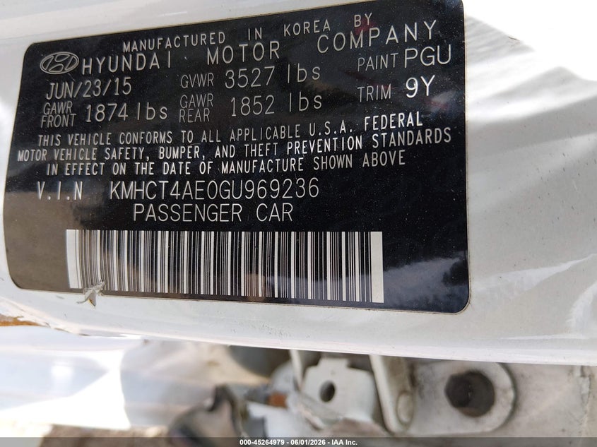 2016 Hyundai Accent VIN KMHCT4AE0GU969236 IAAI salvage auction — SIDE, Salvage Title, sold $350 on 2026-07-20 (photo 9)