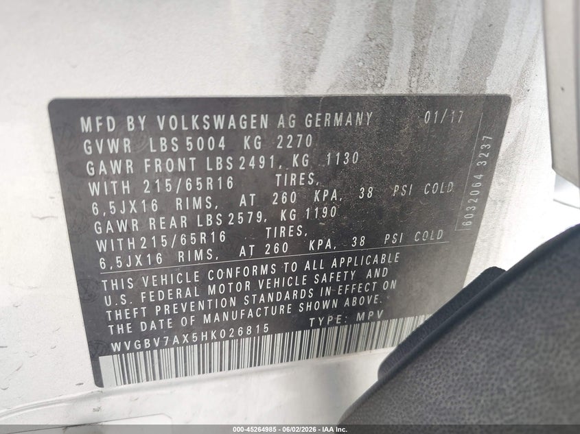 2017 Volkswagen Tiguan VIN WVGBV7AX5HK026815 IAAI salvage auction — LEFT & RIGHT, Salvage Title, sold $3,250 on 2026-07-23 (photo 9)