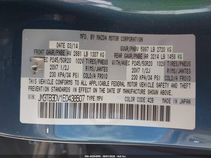2014 Mazda Cx-9 VIN JM3TB3DV1E0438507 IAAI salvage auction — ENGINE DAMAGE, Salvage Title, sold $425 on 2026-07-15 (photo 9)