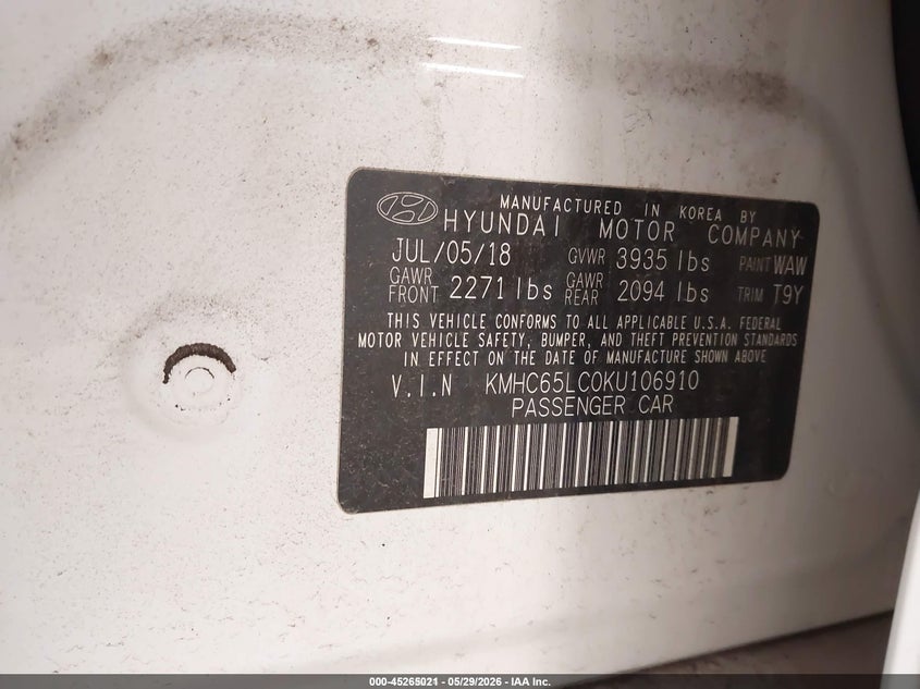 2019 Hyundai Ioniq hybrid VIN KMHC65LC0KU106910 IAAI salvage auction — NORMAL WEAR, Sf97 (Illinois), sold $12,550 on 2026-07-14 (photo 9)