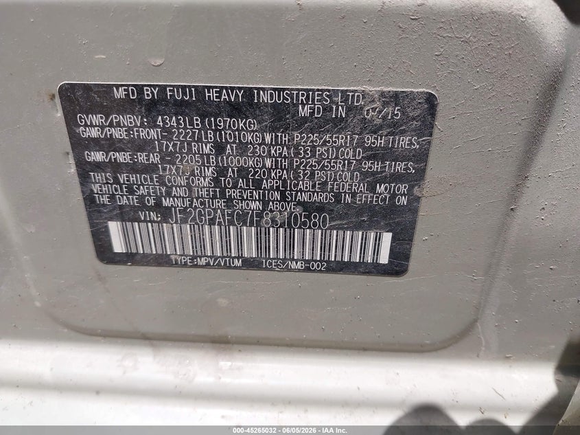 2015 Subaru Xv VIN JF2GPAFC7F8310580 IAAI salvage auction — FRONT END, Salvage Title, sold $925 on 2026-07-20 (photo 9)