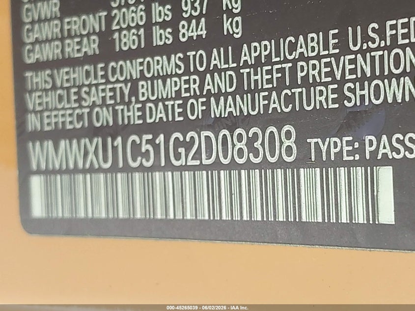 2016 Mini Hard top VIN WMWXU1C51G2D08308 IAAI salvage auction — REAR END, Original (Texas), sold $1,250 on 2026-07-10 (photo 9)