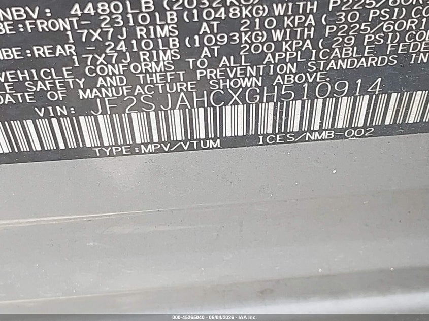 2016 Subaru Forester VIN JF2SJAHCXGH510914 IAAI salvage auction — HAIL, Salvage Title, sold $4,075 on 2026-07-10 (photo 9)