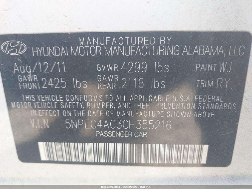 2012 Hyundai Sonata VIN 5NPEC4AC3CH355216 IAAI salvage auction — FRONT END, Salvage Title, sold $375 on 2026-07-14 (photo 9)