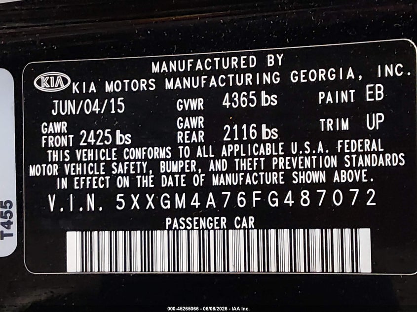 2015 Kia Optima VIN 5XXGM4A76FG487072 IAAI salvage auction — FRONT END, Salvage Title, sold $1,150 on 2026-07-22 (photo 9)