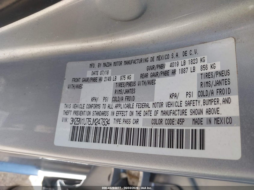 2018 Mazda 3 VIN 3MZBN1U76JM247834 IAAI salvage auction — FRONT END, Salvage Title, sold $2,450 on 2026-07-25 (photo 9)