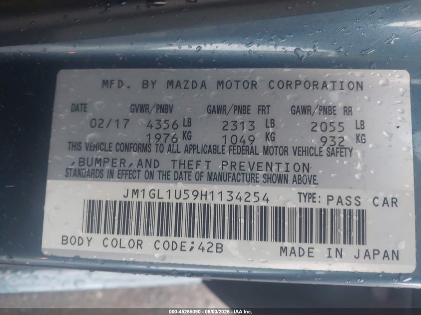2017 Mazda 6 VIN JM1GL1U59H1134254 IAAI salvage auction — FRONT END, Salvage Title, sold $725 on 2026-07-23 (photo 9)