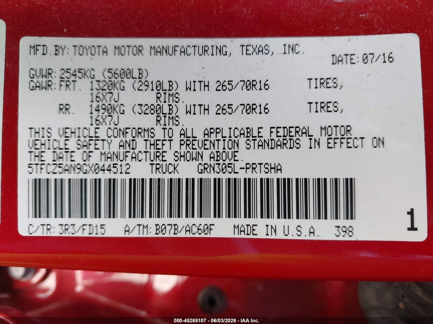 2016 Toyota Tacoma VIN 5TFCZ5AN9GX044512 IAAI salvage auction — RIGHT FRONT, Salvage Title, sold $8,100 on 2026-07-15 (photo 9)