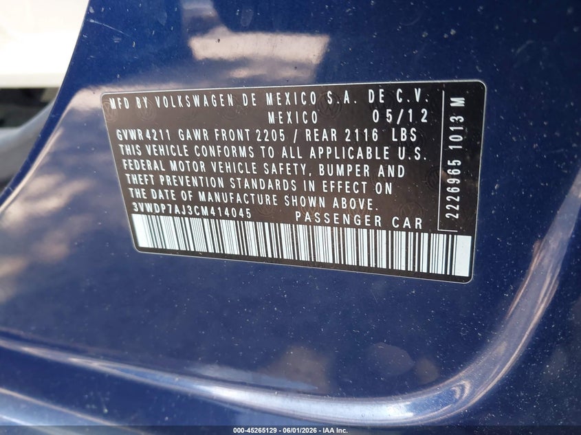 2012 Volkswagen Jetta VIN 3VWDP7AJ3CM414045 IAAI salvage auction — FRONT & REAR, Salvage Title, sold $550 on 2026-07-20 (photo 9)