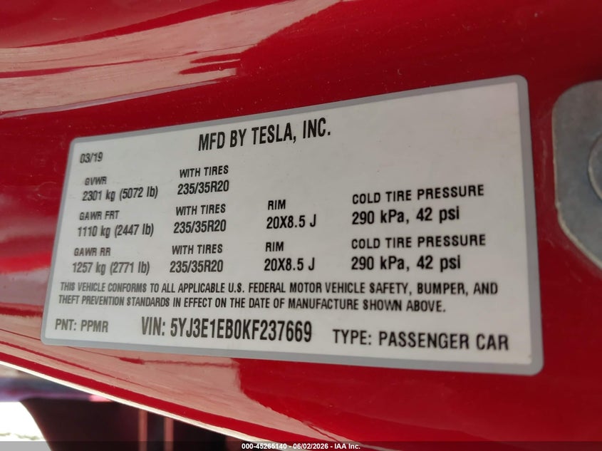 2019 Tesla Model 3 VIN 5YJ3E1EB0KF237669 IAAI salvage auction — REAR END, Salvage Title, sold $7,150 on 2026-07-16 (photo 9)