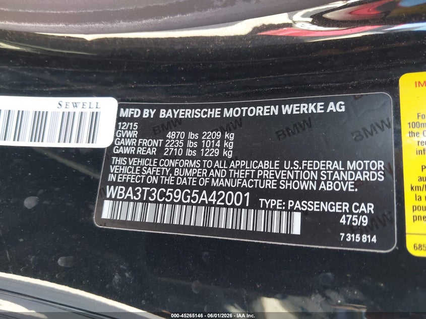 2016 BMW VIN WBA3T3C59G5A42001 IAAI salvage auction — FRONT END, Salvage Title, sold $6,600 on 2026-07-28 (photo 9)