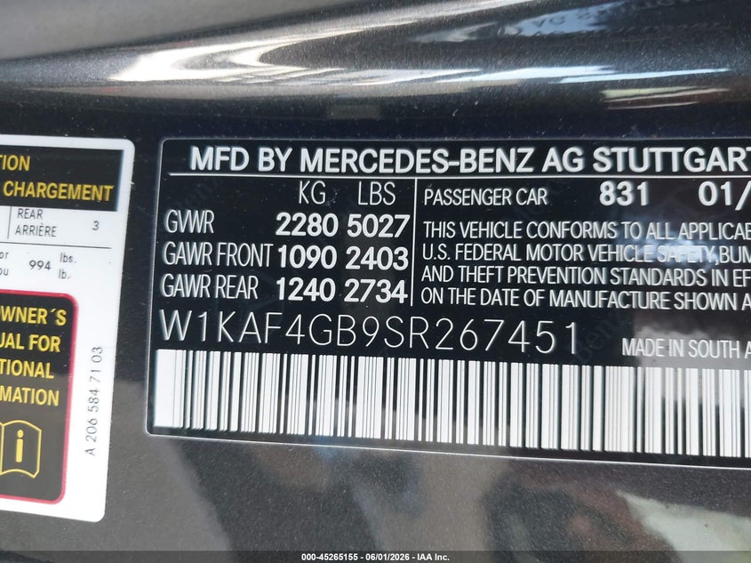 2025 Mercedes-benz VIN W1KAF4GB9SR267451 IAAI salvage auction — REAR END, Salvage Title, sold $21,100 on 2026-07-27 (photo 9)