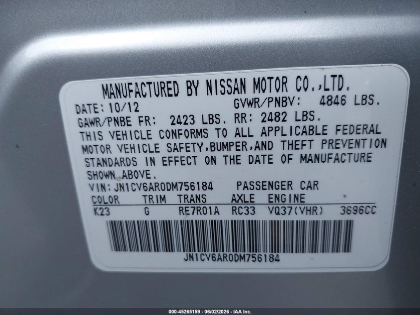 2013 Infiniti G VIN JN1CV6AR0DM756184 IAAI salvage auction — WATER/FLOOD, Rebuildable (Florida), sold $400 on 2026-07-28 (photo 9)