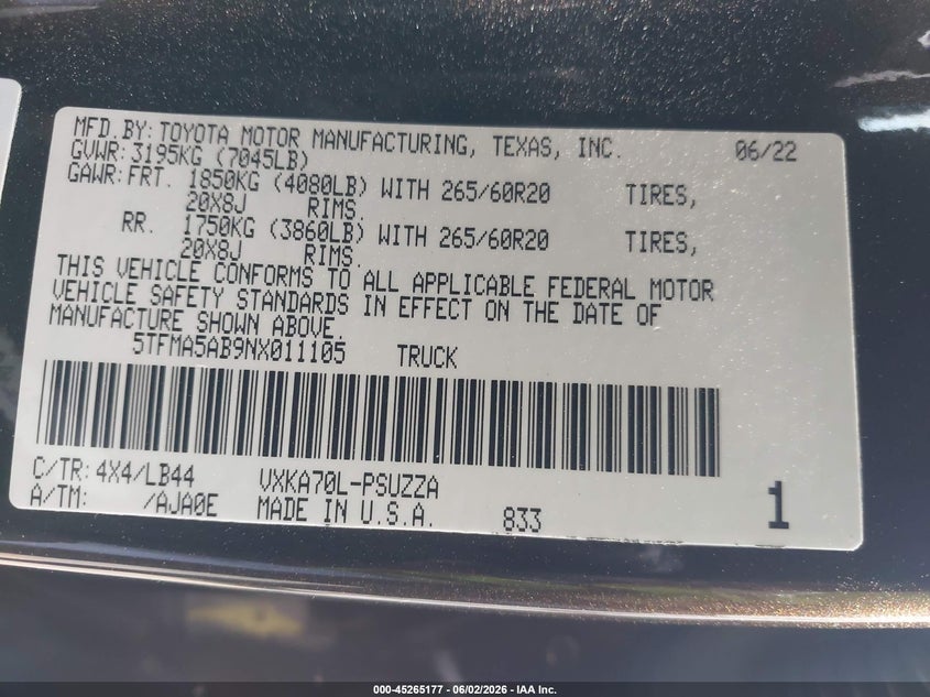 2022 Toyota Tundra VIN 5TFMA5AB9NX011105 IAAI salvage auction — REAR END, Salvage (California), sold $21,600 on 2026-08-06 (photo 9)