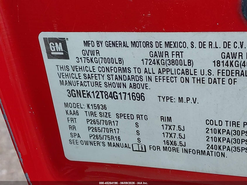 2004 Chevrolet Avalanche VIN 3GNEK12T84G171696 IAAI salvage auction — FRONT END, Original (Texas), sold $700 on 2026-07-19 (photo 9)
