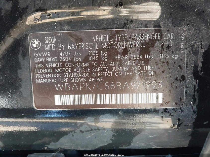 2011 BMW 3 series VIN WBAPK7C58BA971993 IAAI salvage auction — BIO HAZARD, Clear-Endorsement (Wisconsin), sold $25 on 2026-07-30 (photo 9)