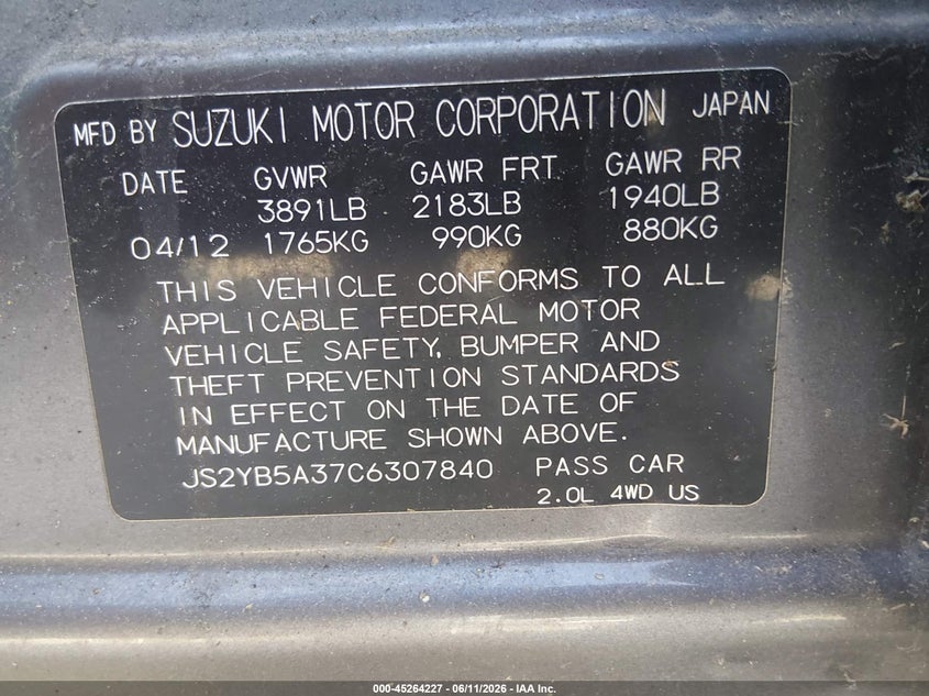 2012 Suzuki Sx4 VIN JS2YB5A37C6307840 IAAI salvage auction — FRONT END, Salvage (West Virginia), sold $125 on 2026-07-16 (photo 9)