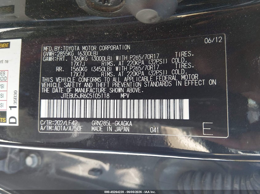 2012 Toyota 4runner VIN JTEBU5JR6C5105118 IAAI salvage auction — FRONT END, Salvage Title, sold $7,800 on 2026-07-14 (photo 9)