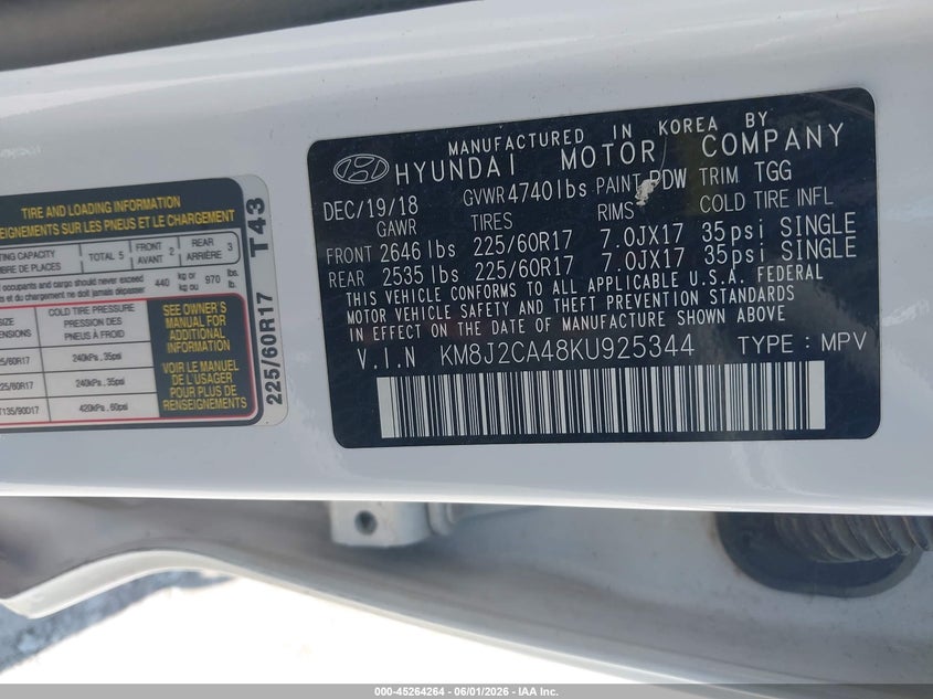 2019 Hyundai Tucson VIN KM8J2CA48KU925344 IAAI salvage auction — HAIL, Salvage Title, sold $3,300 on 2026-07-20 (photo 9)