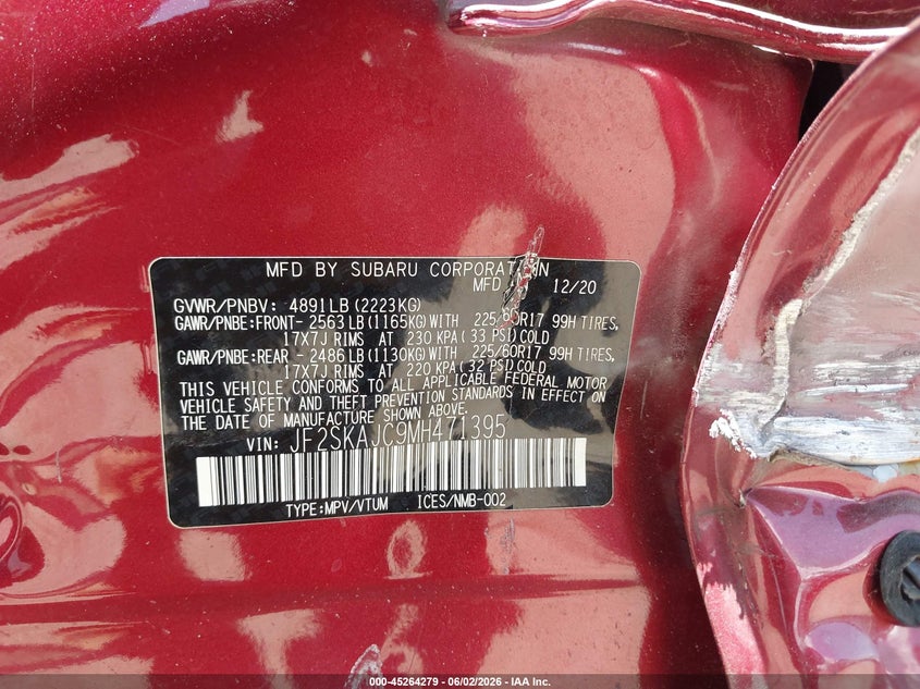 2021 Subaru Forester VIN JF2SKAJC9MH471395 IAAI salvage auction — LEFT & RIGHT, Salvage Title, sold $2,100 on 2026-07-15 (photo 9)