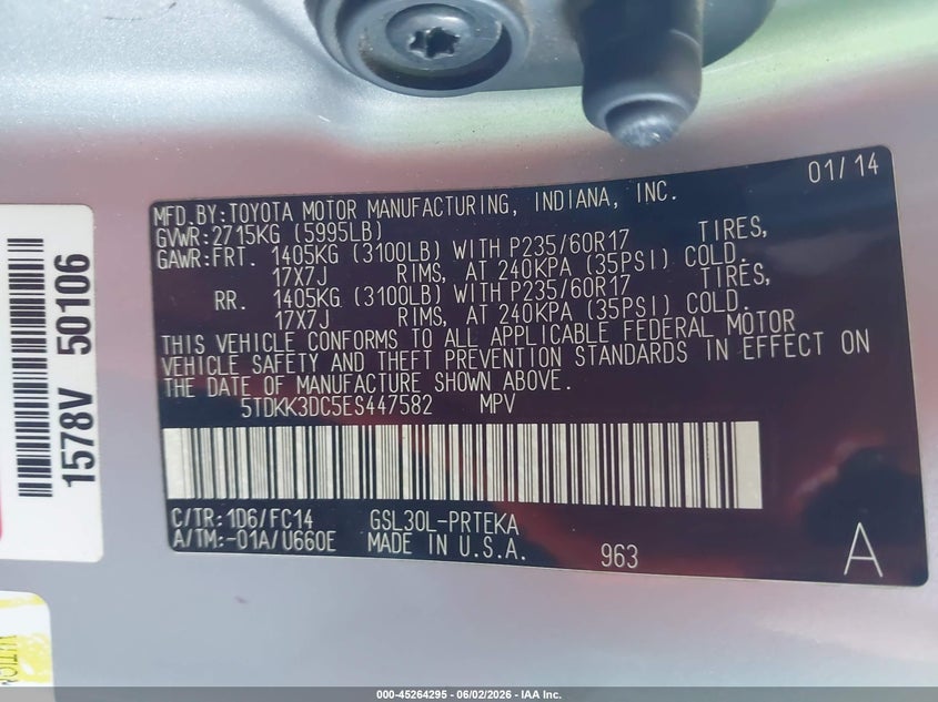 2014 Toyota Sienna VIN 5TDKK3DC5ES447582 IAAI salvage auction — NORMAL WEAR, Salvage Title, sold $3,000 on 2026-07-07 (photo 9)