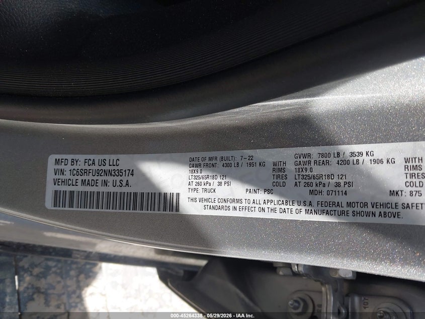 2022 Ram 1500 VIN 1C6SRFU92NN335174 IAAI salvage auction — FRONT END, Salvage Title, sold $17,700 on 2026-08-10 (photo 9)