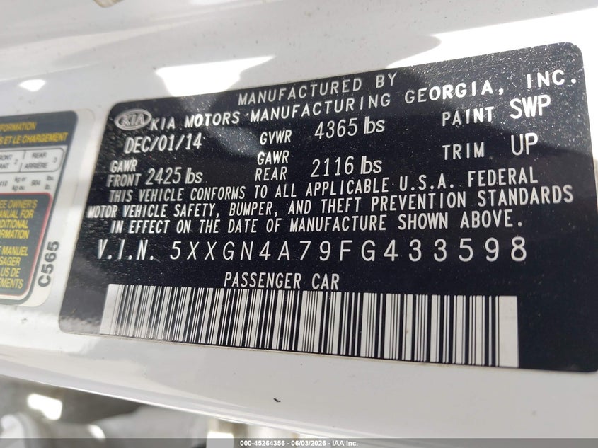 2015 Kia Optima VIN 5XXGN4A79FG433598 IAAI salvage auction — FRONT END, Salvage Title, sold $375 on 2026-07-08 (photo 9)