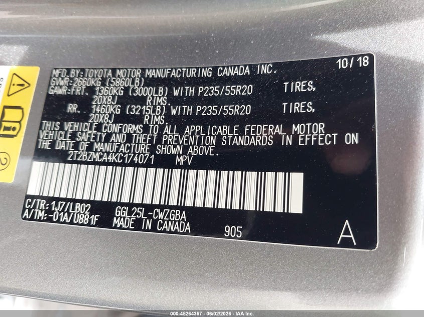 2019 Lexus Rx VIN 2T2BZMCA4KC174071 IAAI salvage auction — REAR END, Salvage Title, sold $14,000 on 2026-08-01 (photo 9)