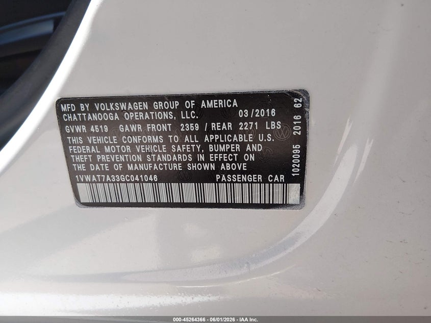 2016 Volkswagen Passat VIN 1VWAT7A33GC041046 IAAI salvage auction — FRONT END, Salvage Title, sold $625 on 2026-07-26 (photo 9)